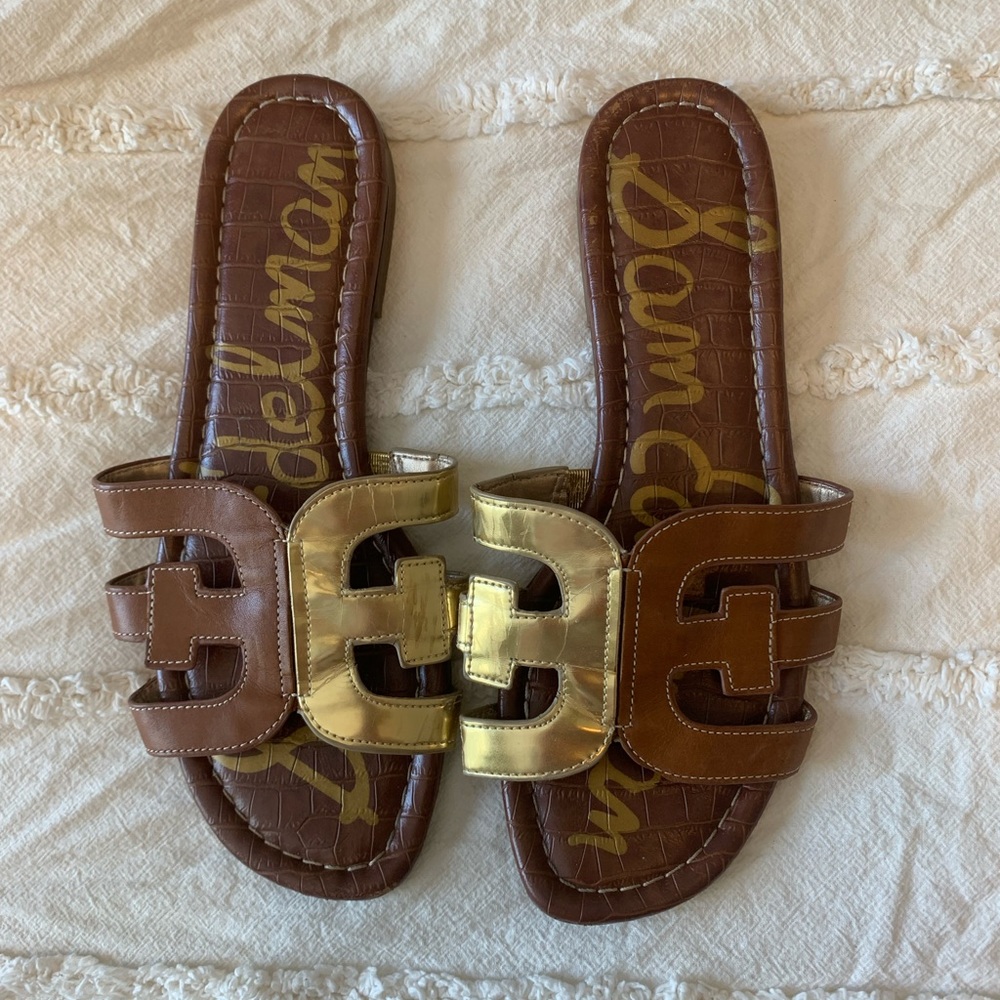 Sam Edelman Womens 7M Brown Gold slides flats sandals